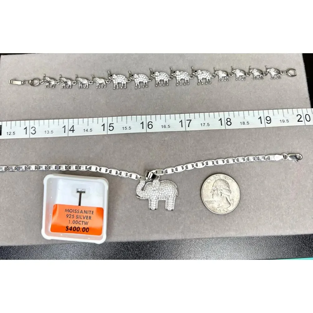 1ct Moissanite Elephant on 19" Chain, 925 Silver & Bonus Bracelet - Picture 4 of 6
